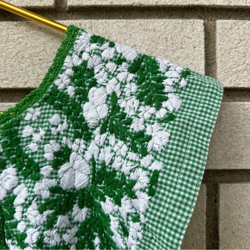 Mi Golondrina Green Gingham Embroidered Mexican Dress M Handmade Cotton Floral - Picture 6 of 7